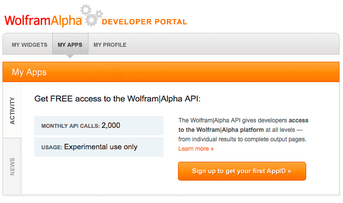 WolframAlpha Developer Portal screenshot
