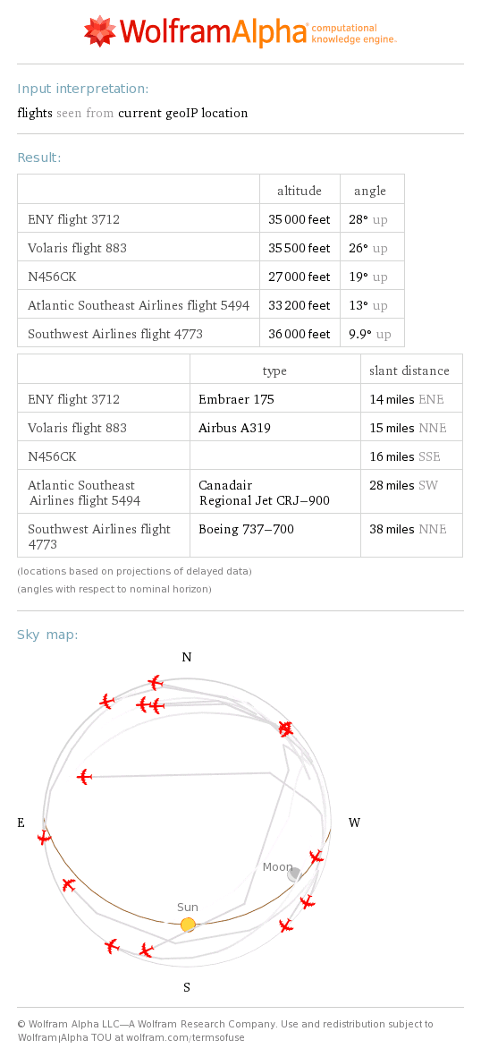 Image of API results for flights seen from current geoIP location